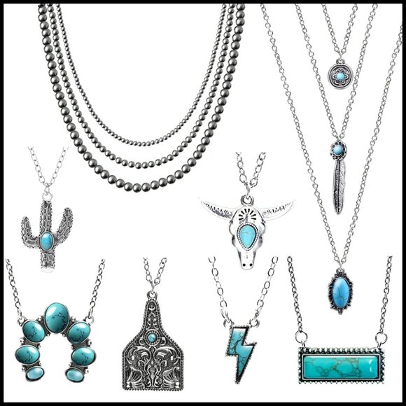Western Turquoise Pendant Necklace Set Boho Navajo Pearl Jewelry Adjustable